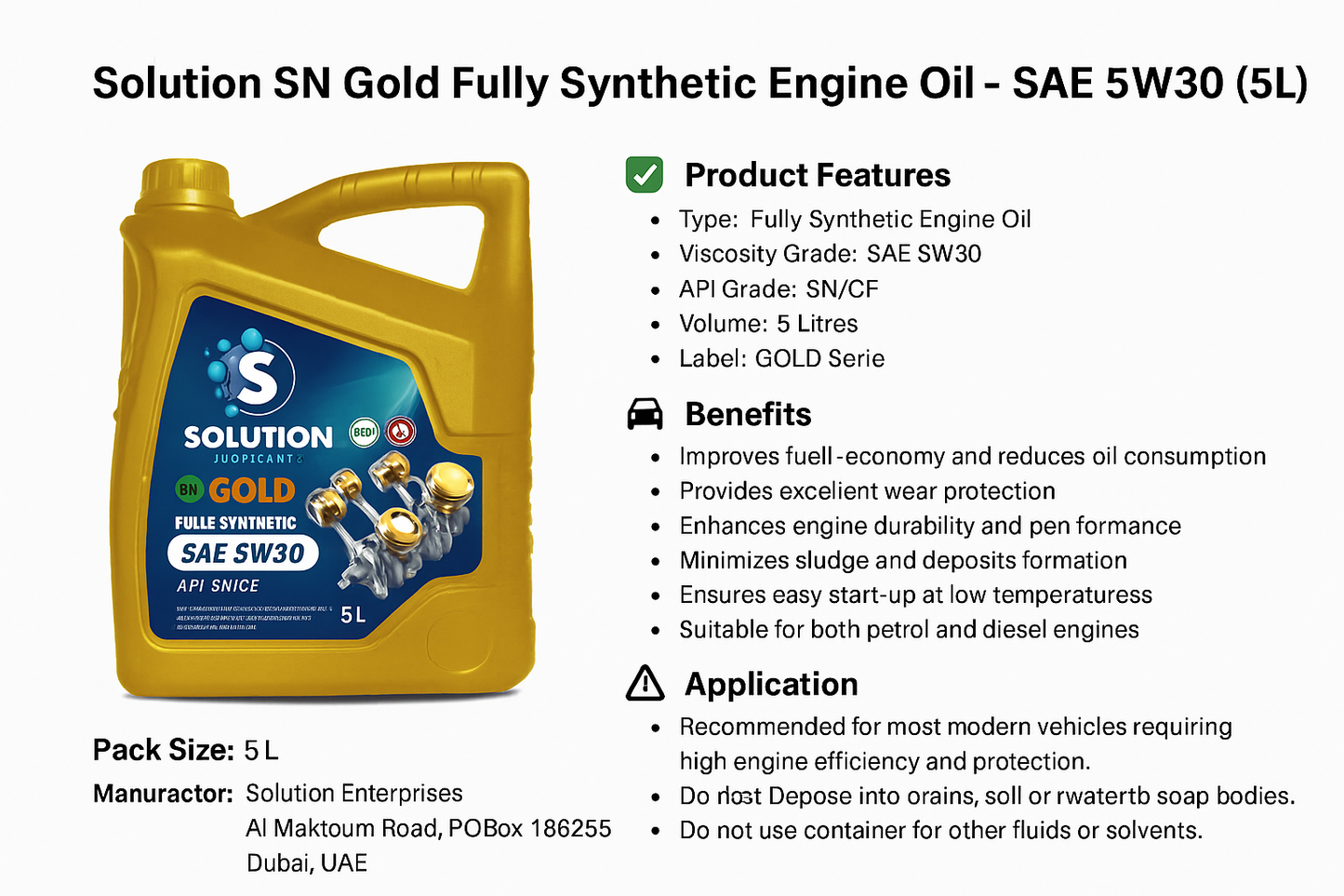 Solution SN Gold Fully Synthetic Engine Oil (5L)